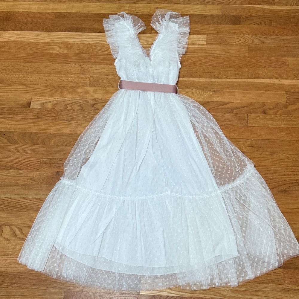 White Swiss Dot Tulle V-neck Dress with Pink Sash - Picture 5 of 12